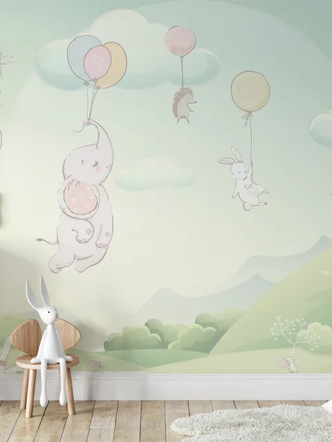 Animals Flying with Balloon Wallpaper Mural
