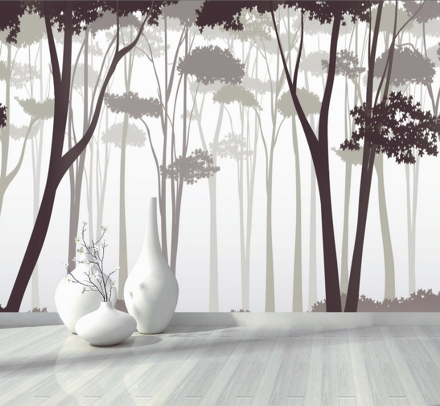 Monochrome Brown Forest and Tree Silhouette Wallpaper Mural - Peel and Stick