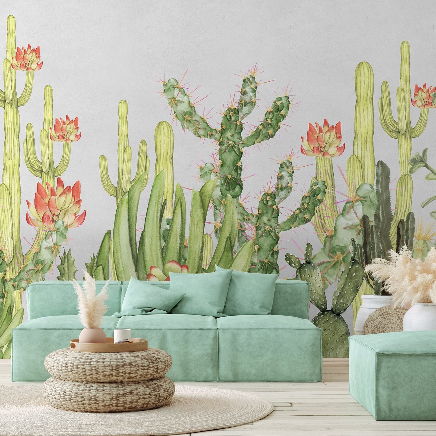 Aquarell Wüstenblumen und Kaktus Fototapete - Selbstklebende