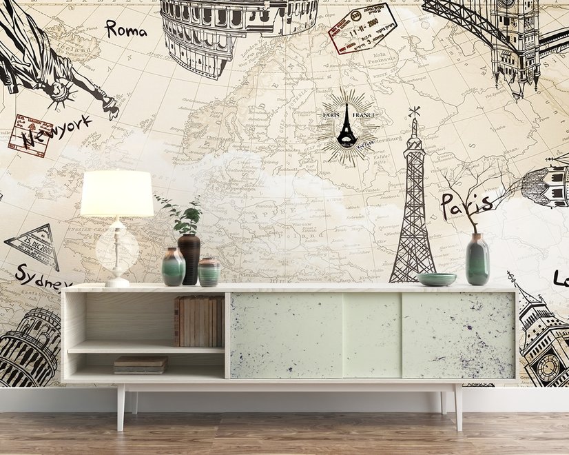 Vintage Map with Eiffel Tower Statue of Liberty Wallpaper Mural