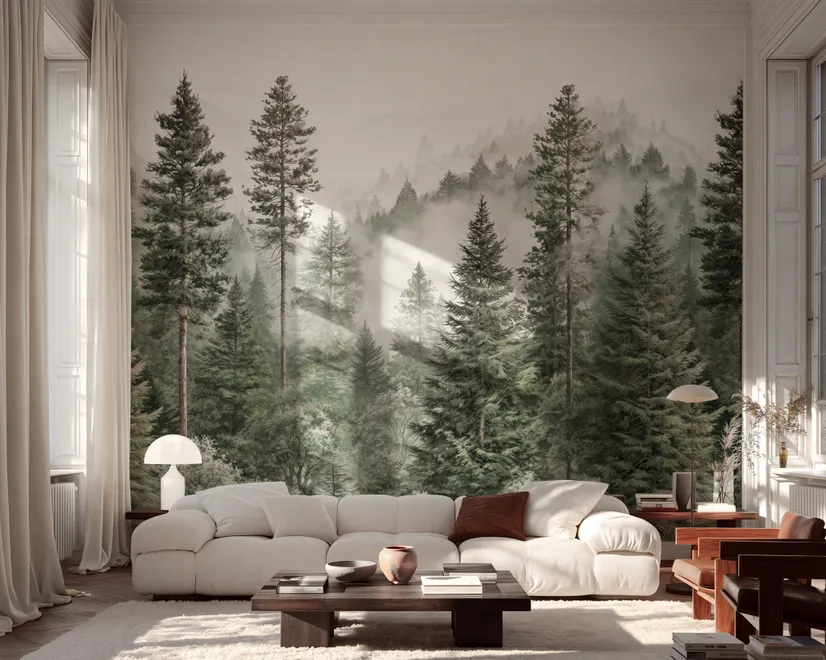 Misty mountain wallpaper mural with tall pine trees, layered green forest and pale foggy ridges