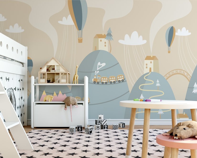 Soft Hot Air Balloon with Little Home Wallpaper Mural