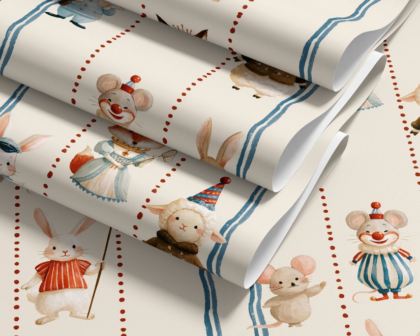 Cartoon wallpaper with rabbits, mice, a crowned fox and lambs in costumes between wavy blue stripes