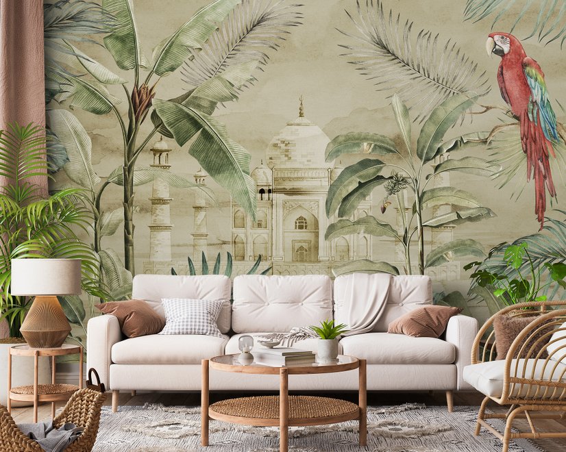 Taj Mahal and Vintage Leaf Wallpaper Mural