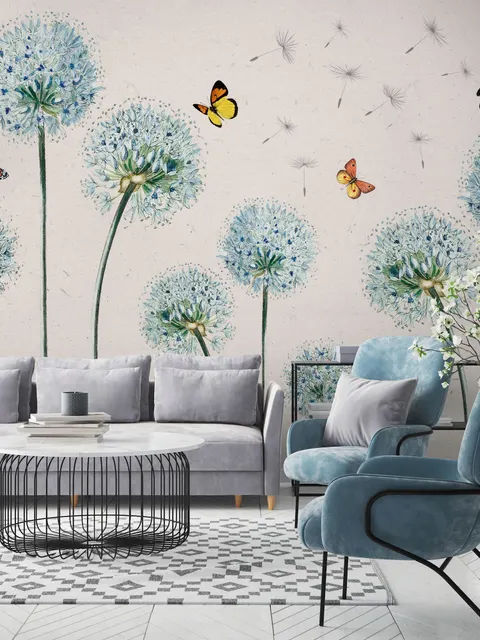 Blue Dandelion and Yellow Butterflies Wallpaper Mural