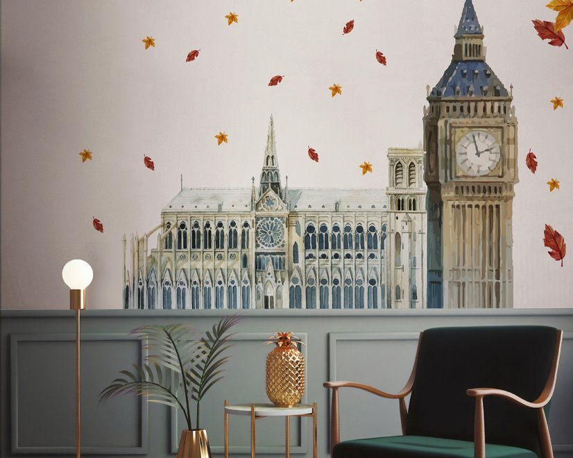 Londres Big Ben et Westminster avec feuilles d'automne Stickers muraux Sticker