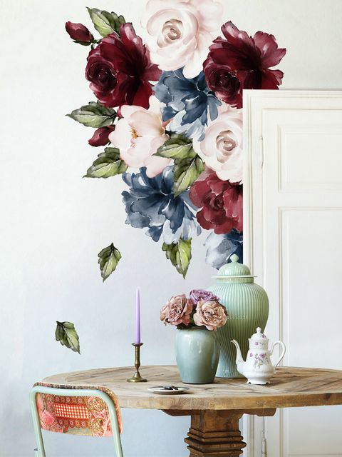 Stickers muraux bouquet floral de pivoine rouge foncé et bleu