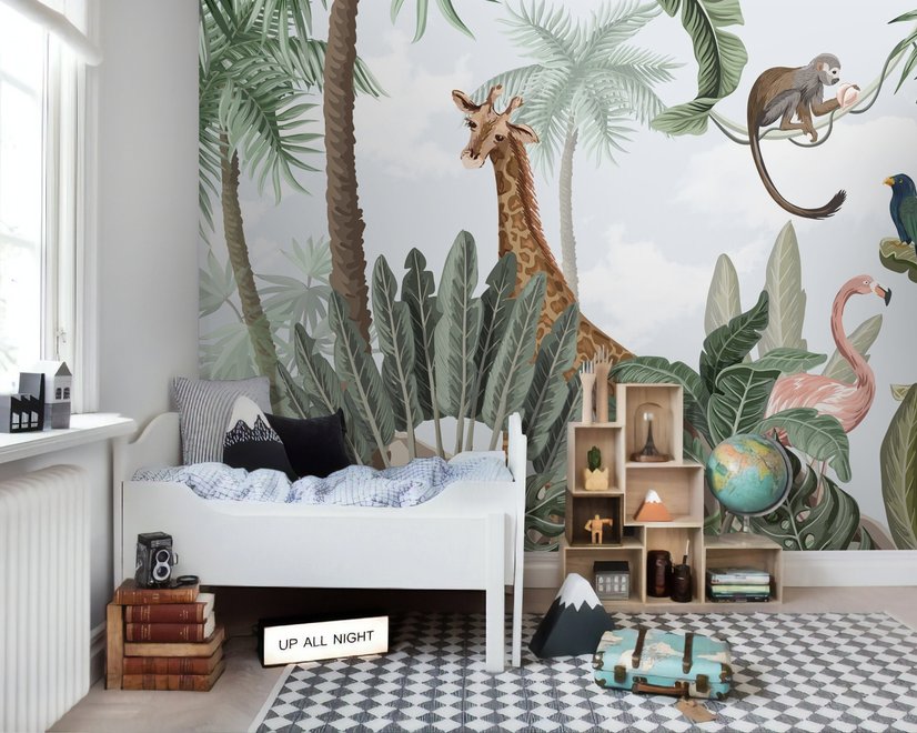 Kids Nursery Pink Flamingo and Cute Giraffe Safari Animals Wallpaper Mural