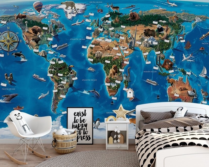 3D Look Kids World Map with Compass Wallpaper Mural