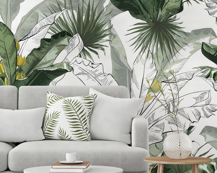 Papier peint feuilles de bananier charbon - motif tropical moderne