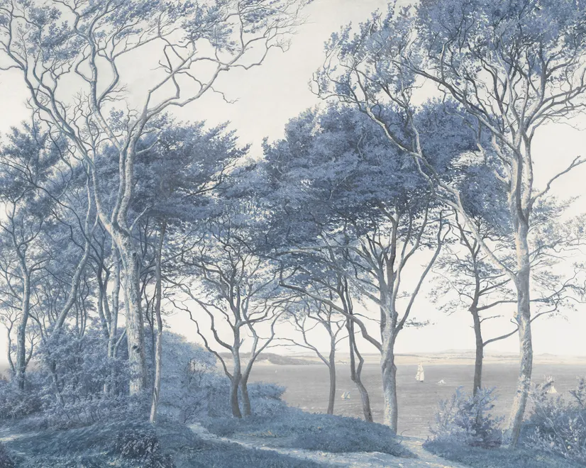 Blue forest background wallpaper mural with coastal trees, sea water and small white sailboats