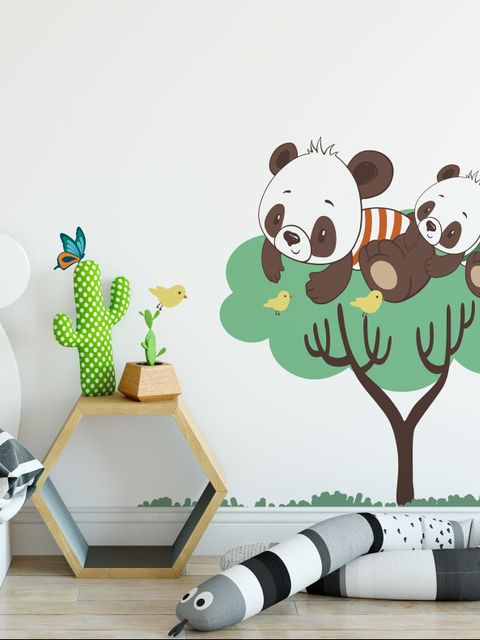 Panda and Her Cubs on the Tree with Butterfly and Birds Wall Decal Sticker