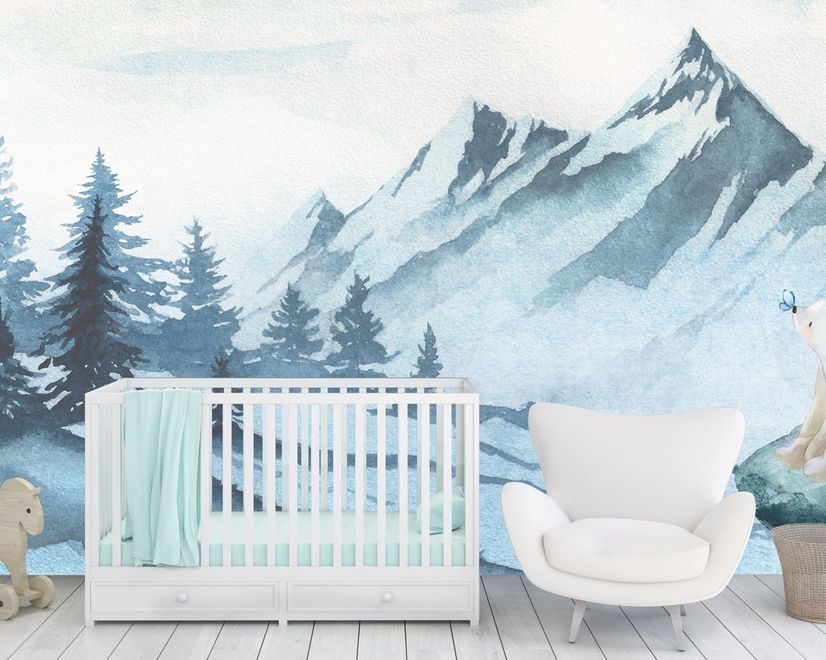 Kids Mountain Landscape with Cartoon Bear Wallpaper Mural