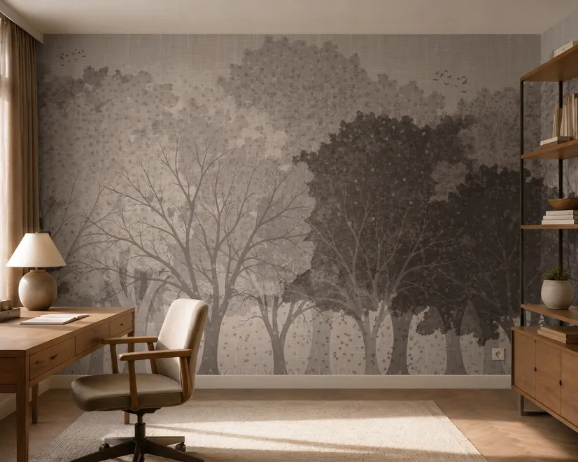 Misty forest nature wallpaper mural in greige, taupe and charcoal watercolour with birds