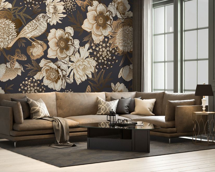 Peony Flowers with Bird Wallpaper Mural