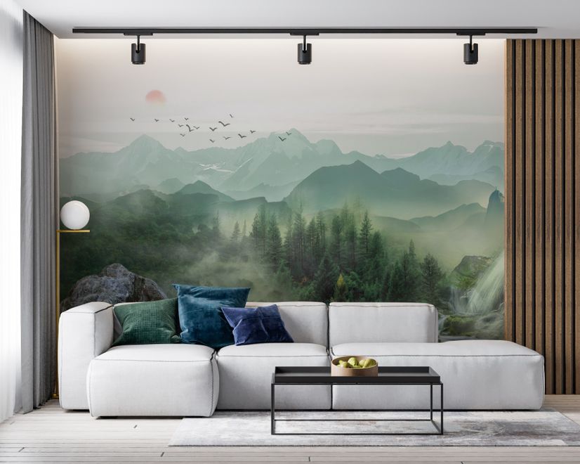 Waterfall with Misty Green Forest Landscape Wallpaper Mural