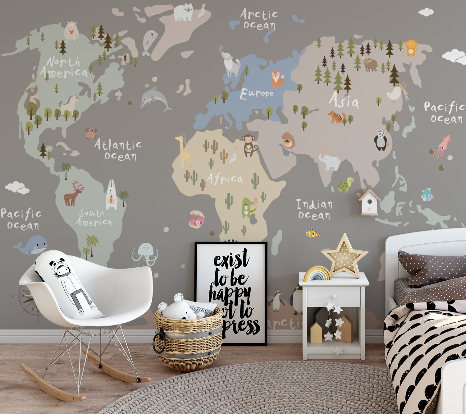 Kids Colorful World Map with Animals Wallpaper Mural - Peel and Stick