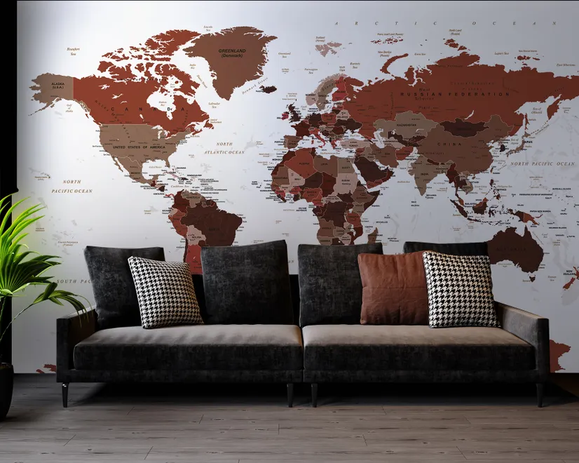White and Brown Political World Map Wallpaper Mural