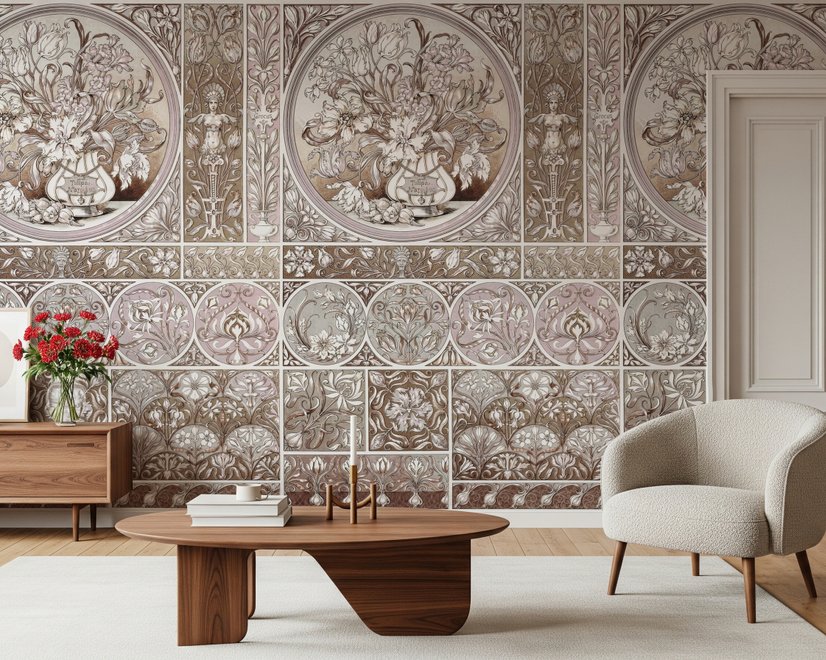 Antique wallpaper mural with Art Nouveau floral tile panels, sepia borders and blush botanical medallions