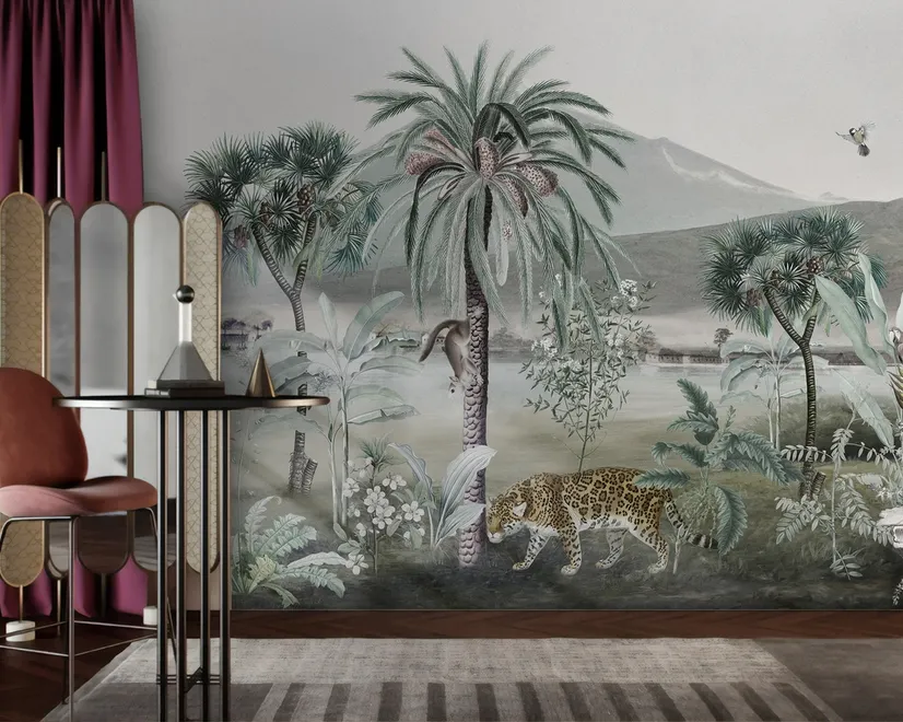 Vintage Exotic Landscape with Wild Animals Wallpaper Mural