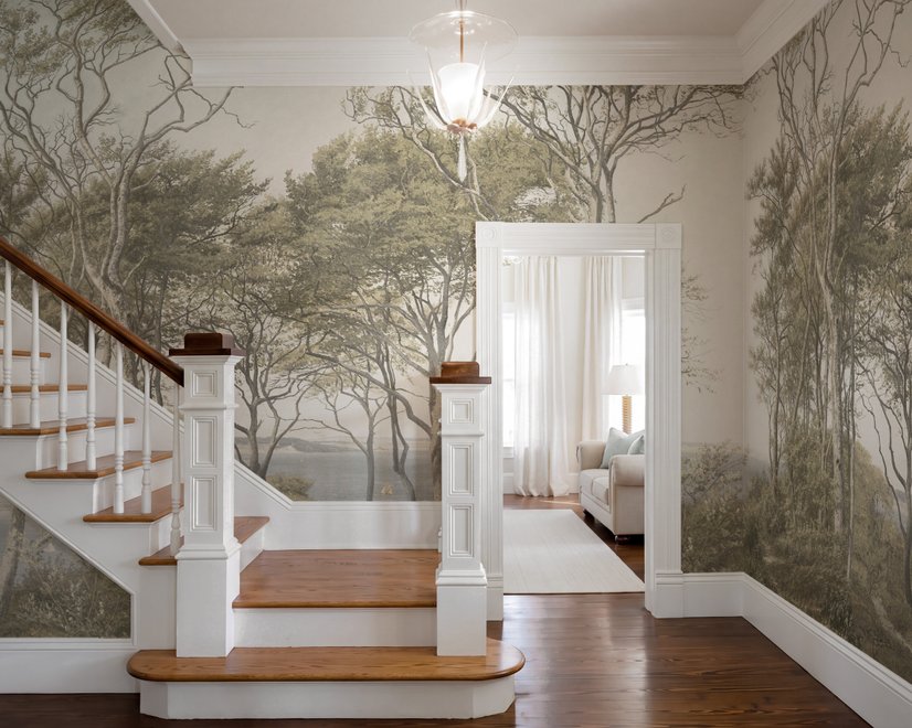 Tree wallpaper forest mural with olive coastal woodland, bare branches, shoreline path and small sailboats