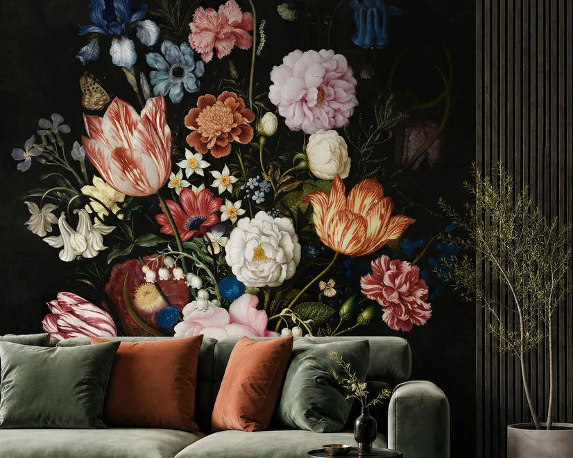 Elegant Dutch Dark Floral Bouquet Wallpaper Mural