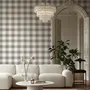 Beige, oat and cream-white plaid wallpaper with fine navy-blue stripes and printed linen texture