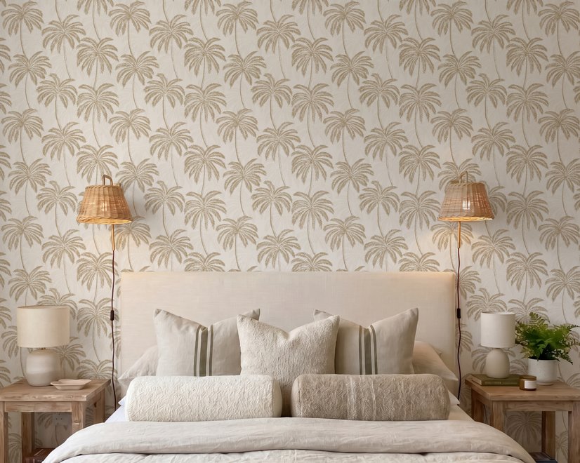 Muted sandy taupe palm trees and pale foliage on a creamy ivory ground tropical wallpaper