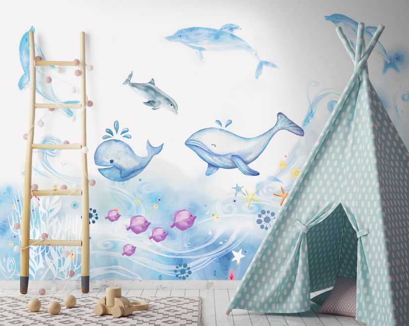 Papier peint panoramique de dessins animés de la mer et des baleines