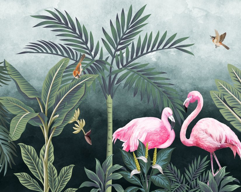 Pink Flamingo mit Vintage-Wald Fototapete