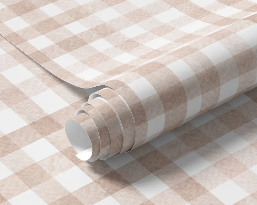 Soft brown wallpaper with pale beige gingham checks on a warm cream off-white ground