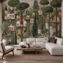 Architectural design wallpaper mural of forest treehouses, rivers, boats and small figures in green watercolour