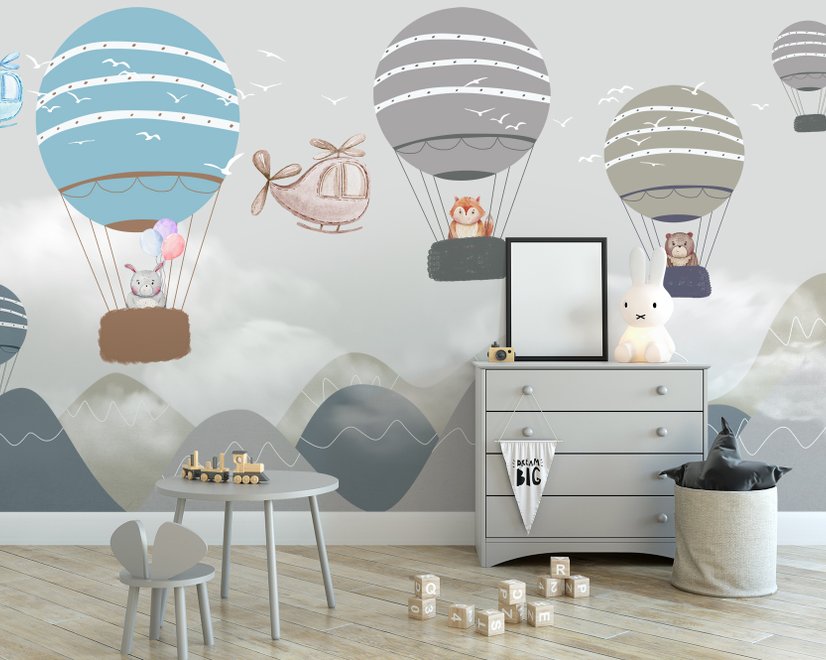 Kinder Cartoon Heißluftballon und Flugzeug Fototapete