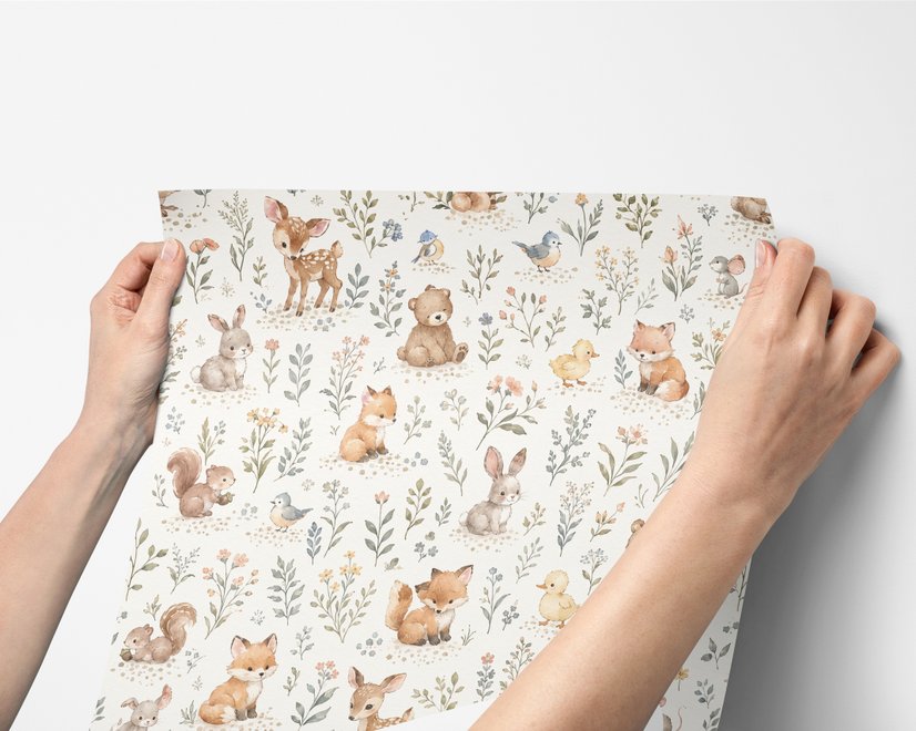 Woodland nursery wallpaper pattern with watercolour fawns, fox cubs, rabbits, teddy bears, birds and ducklings on cream
