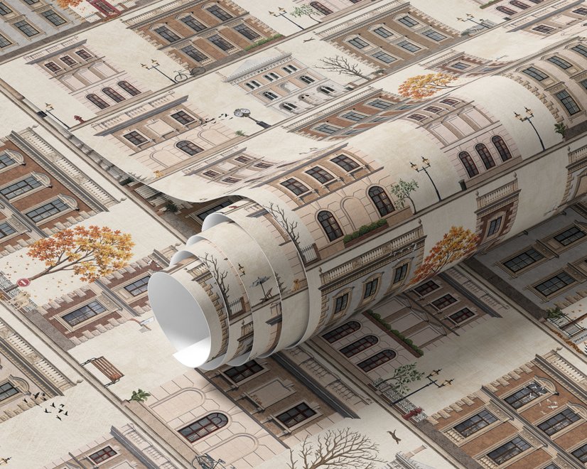 Vintage city wallpaper with illustrated European townhouses, lamps, bicycles, benches and orange-gold trees