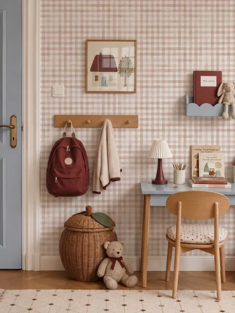 Soft brown wallpaper with pale beige gingham checks on a warm cream off-white ground