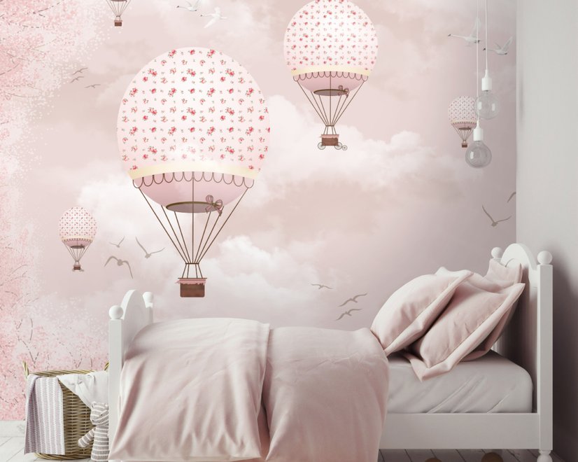 Kids Girls Pink Sky of Hot Air Balloon and Aircraft Wallpaper Mural