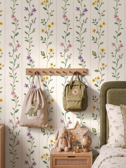 Cute floral wallpaper with green vine trails and pink, purple and yellow watercolor flowers on cream