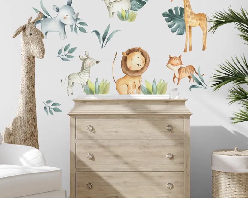 Kids Watercolor Safari Animals with Tropical Leaves Wall Decal Sticker