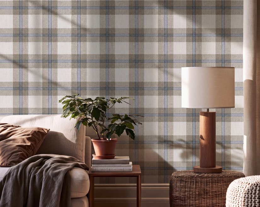 Beige, oat and cream-white plaid wallpaper with fine navy-blue stripes and printed linen texture
