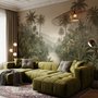 Misty tropical forest wallpaper with palms, pale river and hazy hills in muted green sepia