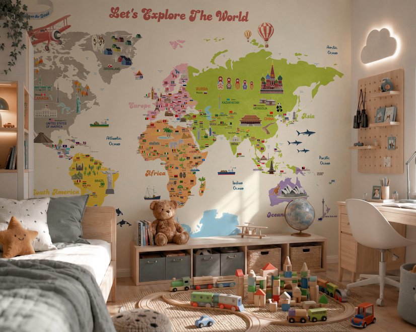 Papier Peint Panoramique Éducatif et Coloré pour Enfants avec Carte du Monde