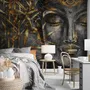 3D Look Concrete Buddha Face and Leaves Wallpaper Mural