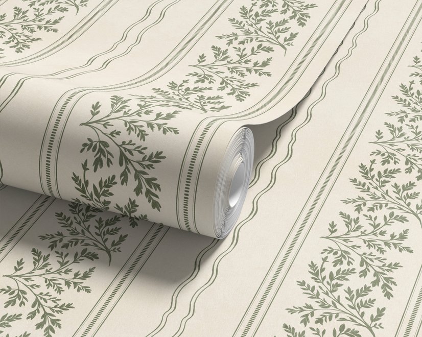 Green aesthetic wallpaper with sage leafy sprigs, fine vertical rules and dotted borders on cream ivory