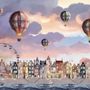 Kids Harbor Village and Hot Air Balloons Wallpaper Mural