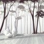 Papier peint panoramique monochrome marron avec silhouette de forêt et d'arbre