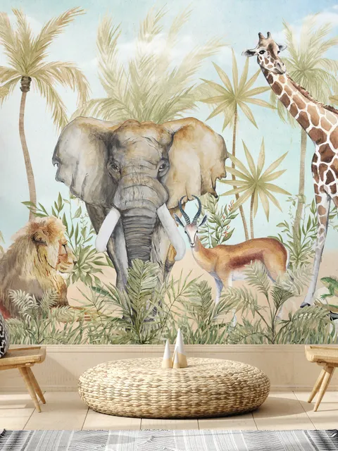 Aquarell-Safari-Tiere im Wald Fototapete
