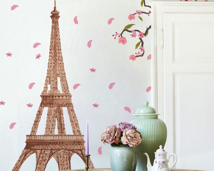 Paris Eiffel Tower with Cherry Blossom Wall Decal Sticker