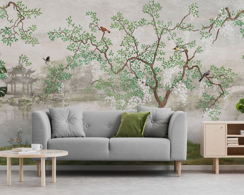 Misty Lake Landscape and Japanese Garden Wallpaper Mural