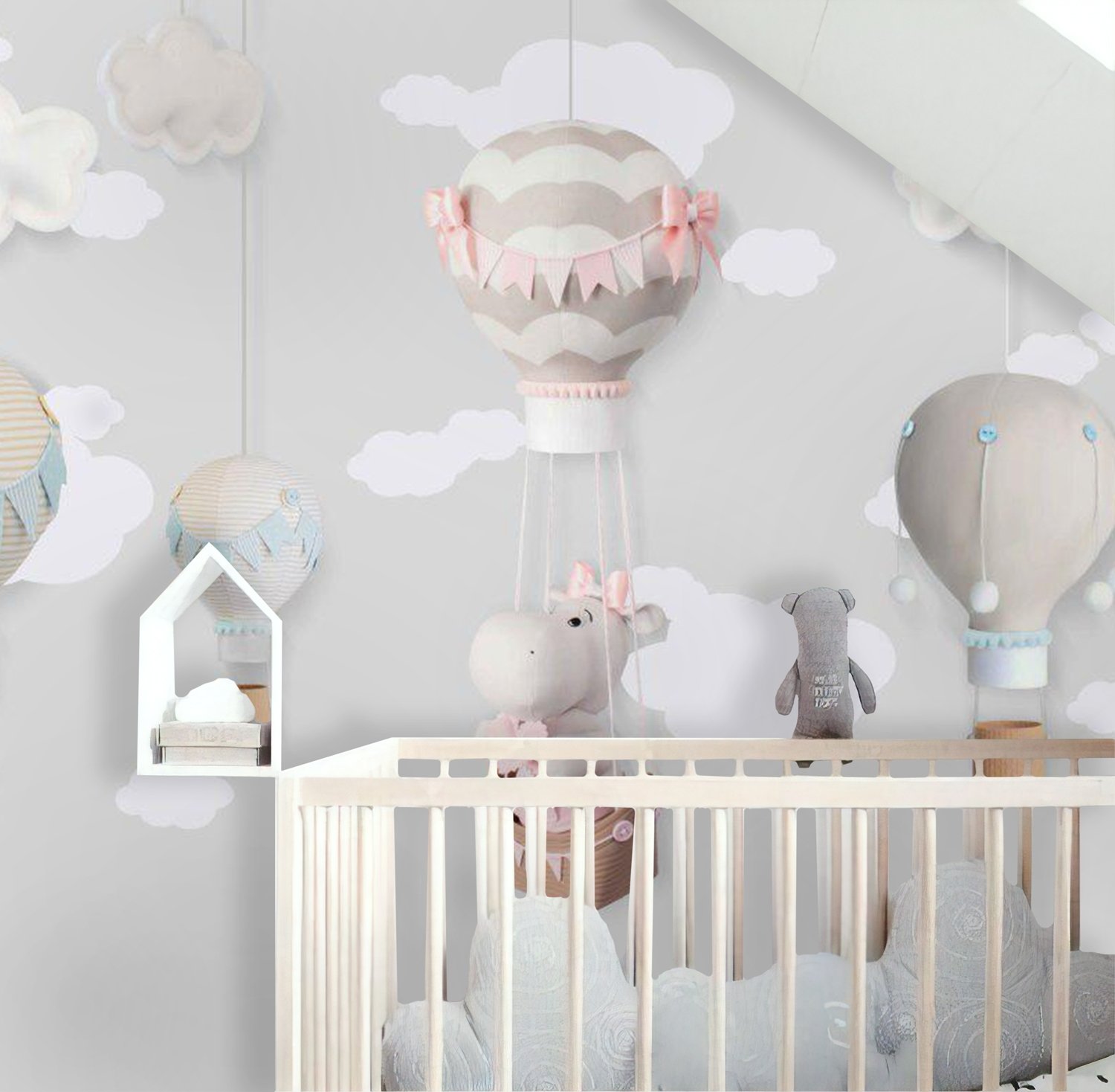 Little Hot Air Balloons with Clouds Wallpaper Mural - Peel and Stick